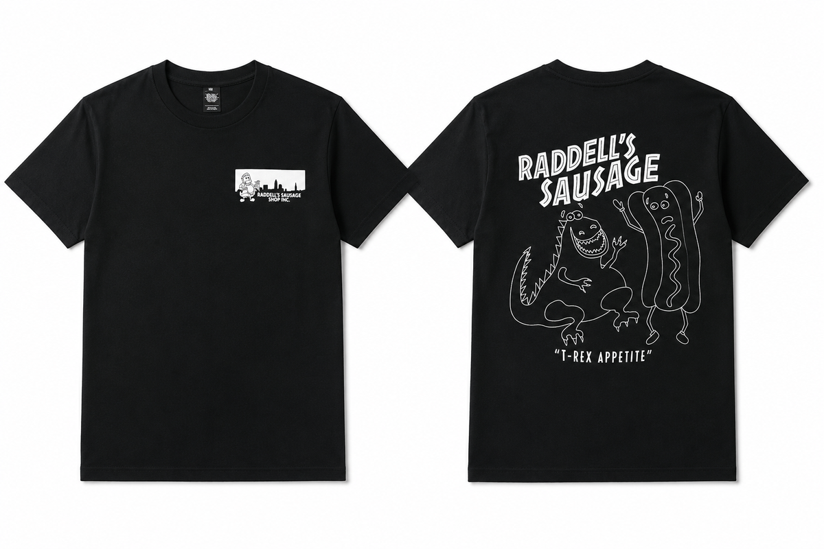 Black Raddell's Sausage 'T-Rex Appetite' t-shirt with a cartoon T-Rex and hot dog on the back and a Cleveland skyline logo on the front.