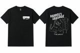 Black Raddell's Sausage 'T-Rex Appetite' t-shirt with a cartoon T-Rex and hot dog on the back and a Cleveland skyline logo on the front.