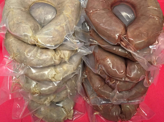 Raddell's rice sausage and blood sausage rings, vacuum sealed