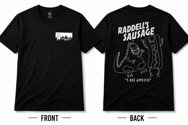 T-Rex Appetite Raddell's Sausage T-Shirt - Funny Dinosaur & Hot Dog Shirt | Slovenian Sausage | Cleveland Apparel
