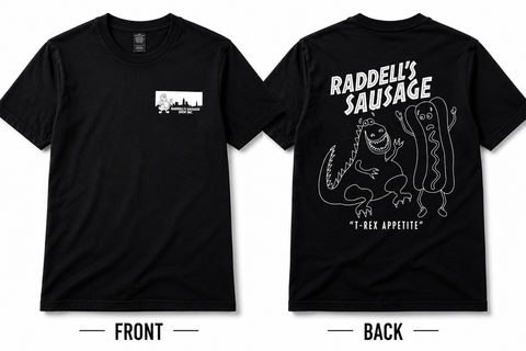 T-Rex Appetite Raddell's Sausage T-Shirt - Funny Dinosaur & Hot Dog Shirt | Slovenian Sausage | Cleveland Apparel